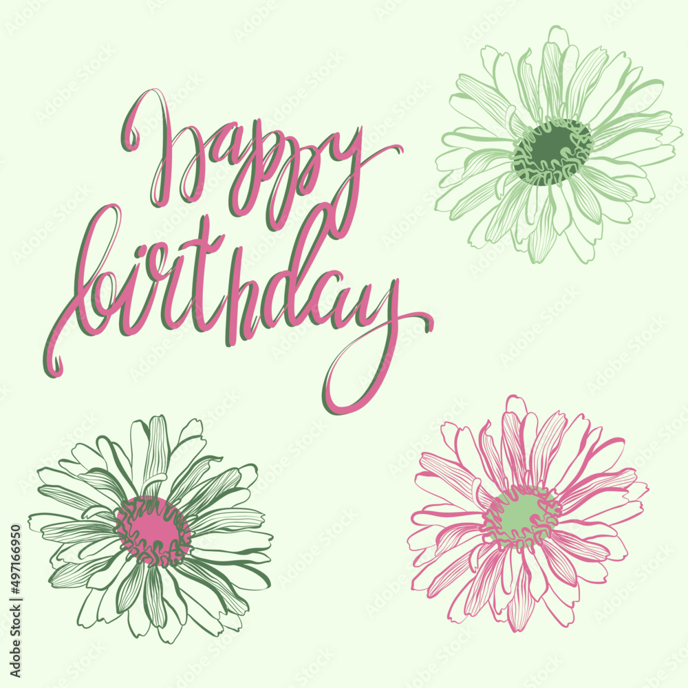 Happy birthday congratulation card with gerbera flowers on a green ...