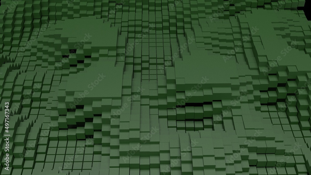 Naklejka premium Abstract background with waves made of a lot of dark green cubes geometry primitive forms that goes up and down under black-white lighting. 3D illustration. 3D CG. High resolution.
