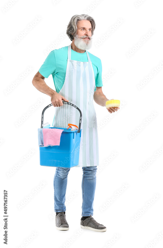 Senior man with cleaning supplies on white background Senior man with cleaning supplies on white background