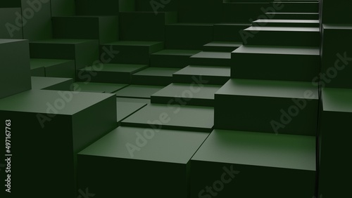 Fototapeta Naklejka Na Ścianę i Meble -  Abstract background with waves made of a lot of dark green cubes geometry primitive forms that goes up and down under black-white lighting. 3D illustration. 3D CG. High resolution.