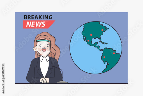 Doodle newscaster woman announcing news character. Cartoon hand drawn character.