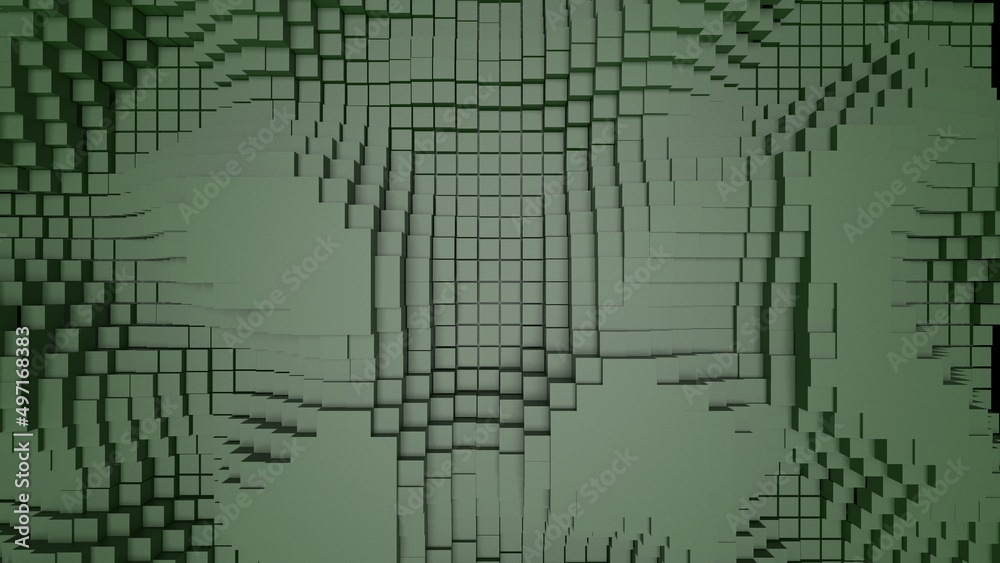 Abstract background with waves made of a lot of dark green cubes geometry primitive forms that goes up and down under black-white lighting. 3D illustration. 3D CG. High resolution. Abstract background with waves made of a lot of dark green cubes geometry primitive forms that goes up and down under black-white lighting. 3D illustration. 3D CG. High resolution.