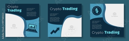 Crypto trading social media post, banner set, money investment advertisement concept, forex chart statistics marketing square ad, abstract print, isolated on background