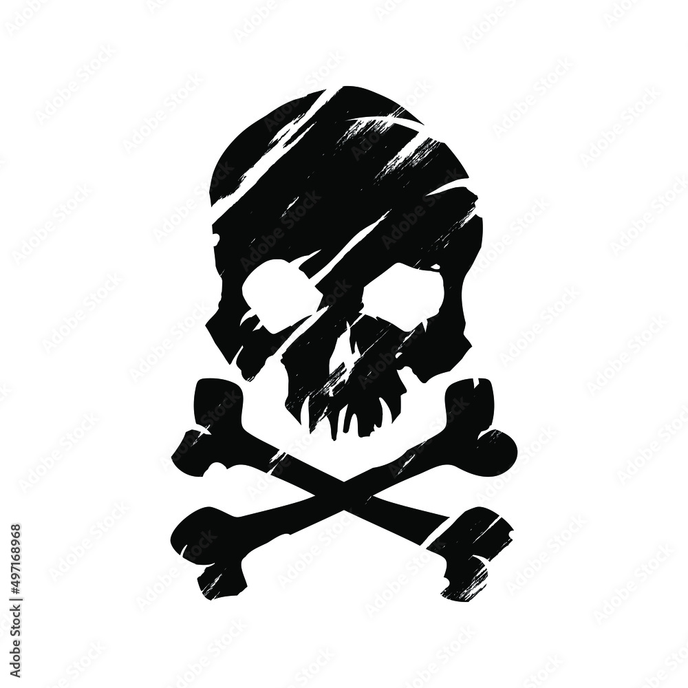 Fototapeta premium Skull with crossed bones icon illustration. Comic style. T-shirt print for Horror or Halloween. Hand drawing illustration isolated on black background. Vector EPS 10.