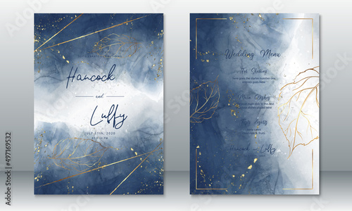Wedding invitation card template blue background watercolor luxury with gold texture