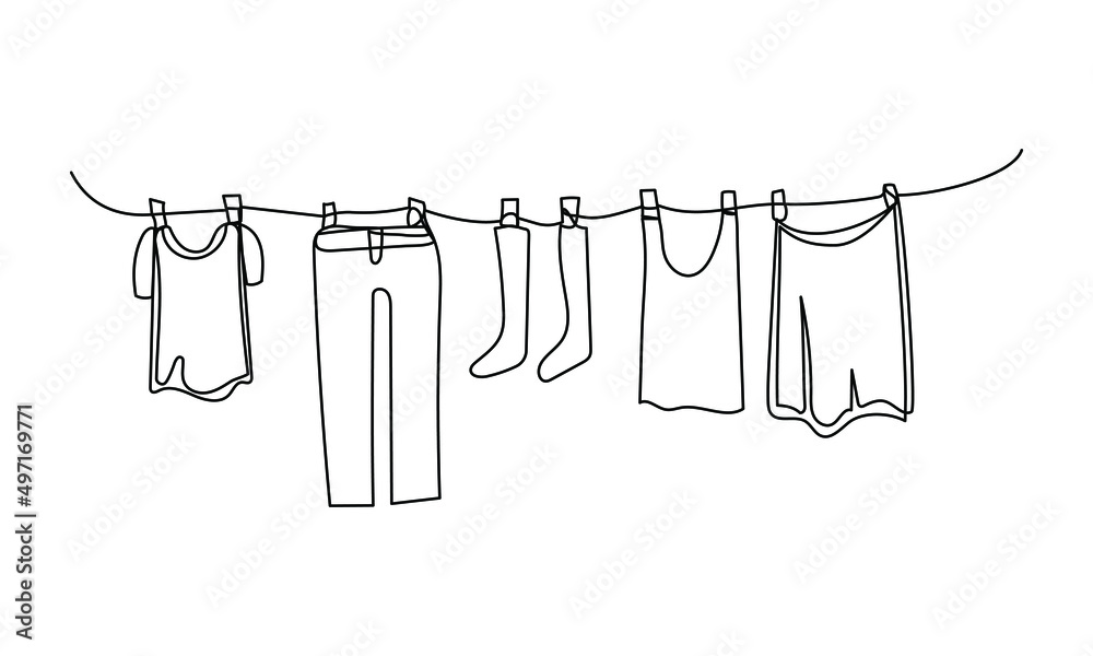 Continuous one line drawing of laundry hang on clothline. Vector illustration - obrazy, fototapety, plakaty 