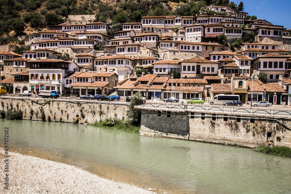Historical town Berat, ottoman architecture in Albania, Unesco World Heritage Site. Old stone houses in Berat, Albania