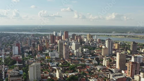 Aerial view Asuncion Paraguay. Cityscape with skyline and high-rise buildings in the center of the historic city with houses and streets. photo