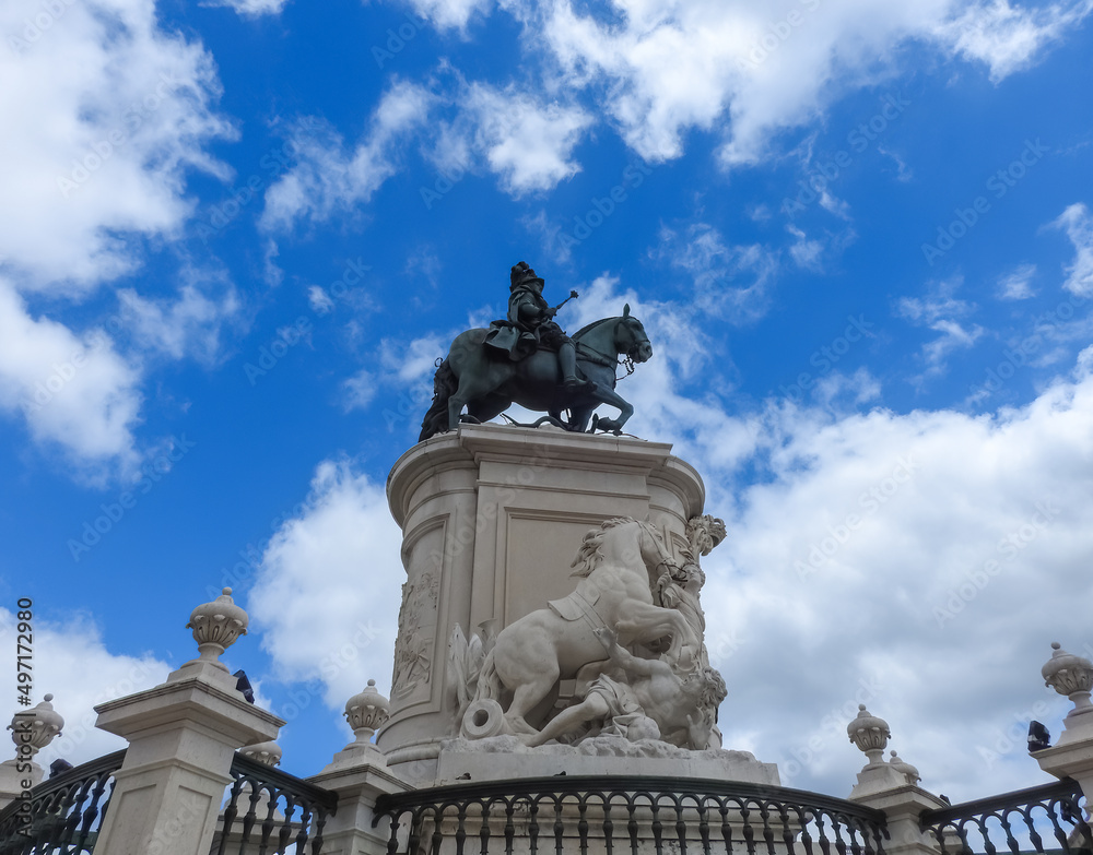 Lisbon, Portugal - June 19 2019: equestrian monument at Praca do Comercio, center of Lisbon.