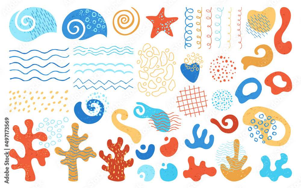 Abstract shape marine objects set. Organic forms underwater ocean world, seaweed, coral reef with grunge texture. Modern trendy scribble shapes collage with wave, scrapbook collection. Isolated vector