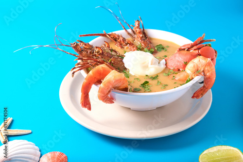 Seafood soup with lobster, shrimp and crab