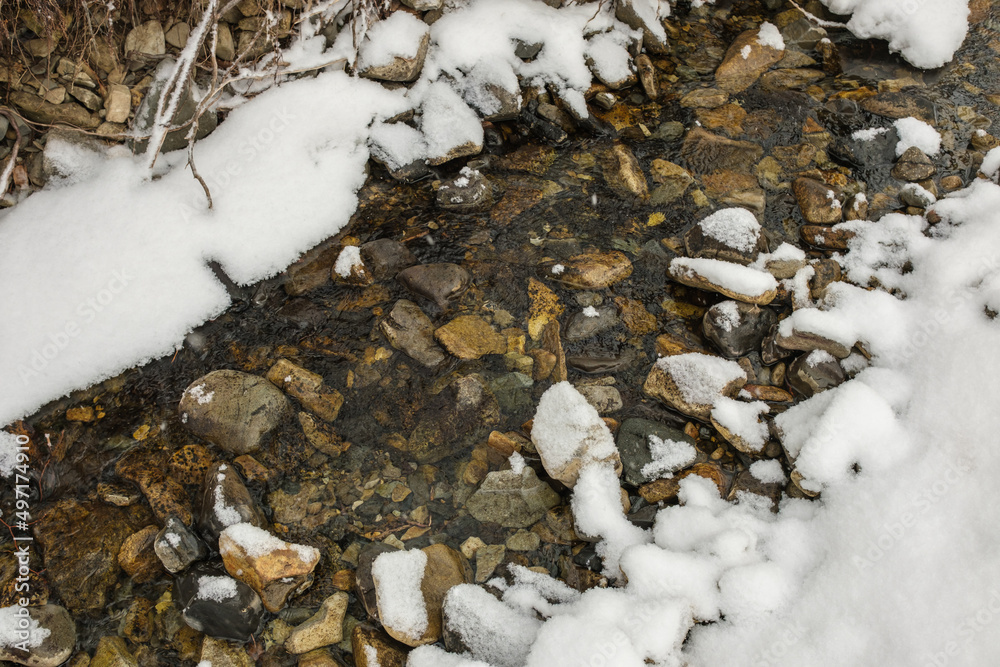 A stream in the snow in winter. A stream in the snow in winter.