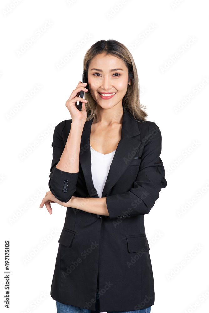 Businesswoman holding mobile phone to her ear on white background.. Businesswoman holding mobile phone to her ear on white background..