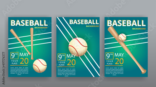 Baseball competition vector flyer template, realistic baseball equipment