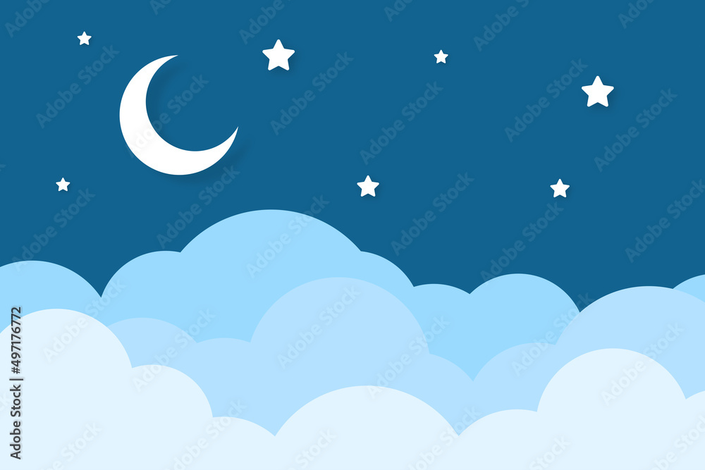 Fototapeta premium night sky with stars and moon. paper art style. Dreamy background with moon stars and clouds, abstract fantasy background. Half moon, stars and clouds on the dark night sky background.