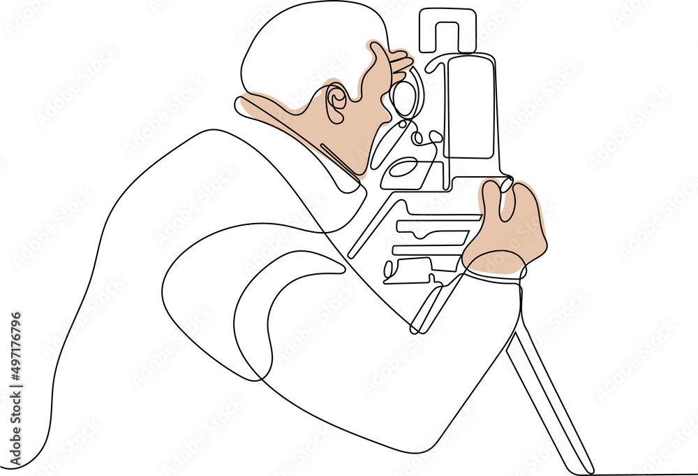 Surveyor with a tripod icon. man in helmet and a geodesic tripod. linear illustration. Vector illustration