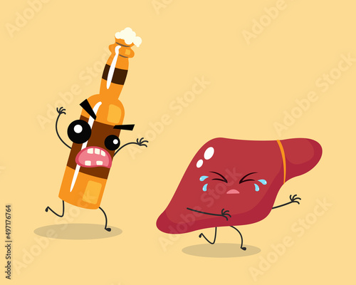 liver run away from alcohol bottle cartoon. unhealthy liver or alcoholic concept. vector illustration