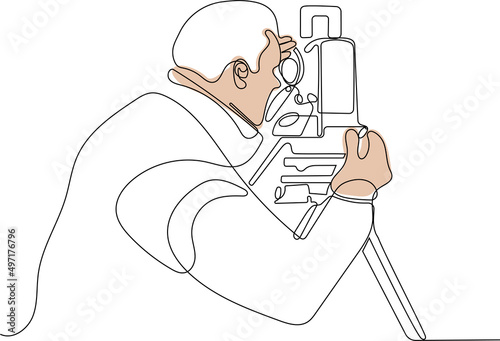 Surveyor with a tripod icon. man in helmet and a geodesic tripod. linear illustration. Vector illustration