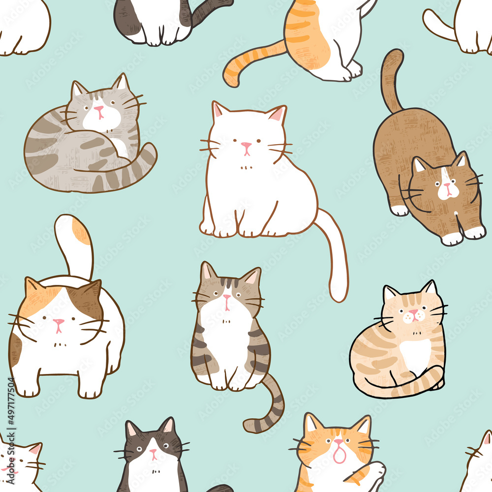 Seamless Pattern of Cute Cartoon Cat Illustration Design on Pastel Green Background Seamless Pattern of Cute Cartoon Cat Illustration Design on Pastel Green Background