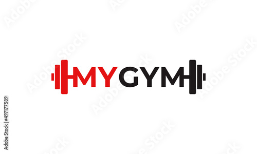 vector graphic illustration logo design for combination barbell and my gym typography with red black color