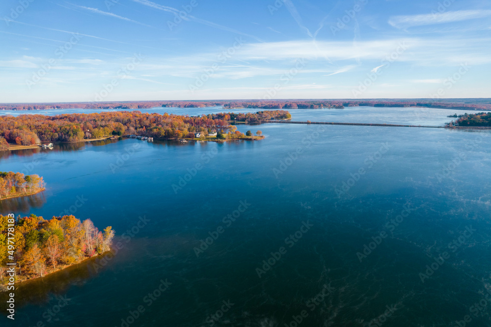 Aerial Drone View of a Foggy Lake Anna in Virginia 