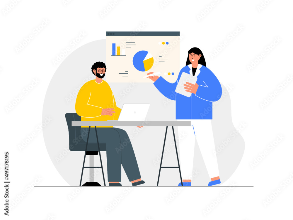 They have a business meeting. A woman standing explaining about business strategy through charts. Ai vector illustration