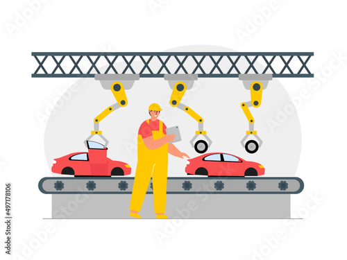 Robotic car machine for car assembly line. Automatic production with conveyor line. An officer oversees the course of production. Ai vector illustration