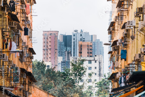 Old crowded apartments exterior in Hong Kong