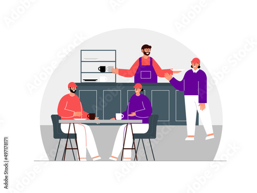 Some workers rest in the canteen during break time. They enjoy snacks and drinks with friends. Ai vector illustration