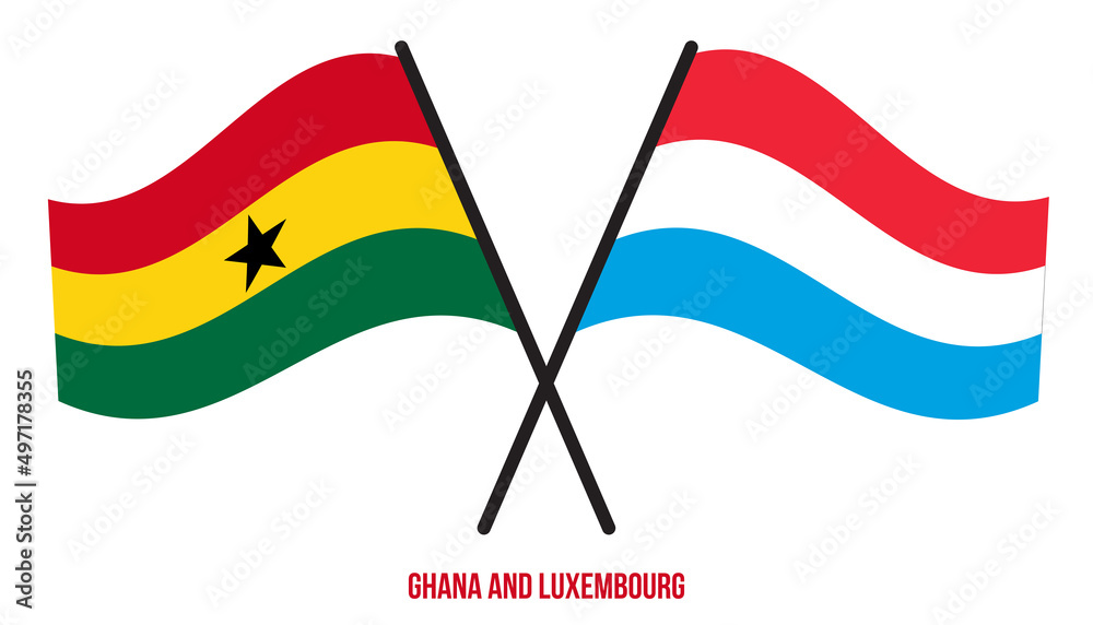 Ghana and Luxembourg Flags Crossed And Waving Flat Style. Official Proportion. Correct Colors. Ghana and Luxembourg Flags Crossed And Waving Flat Style. Official Proportion. Correct Colors.