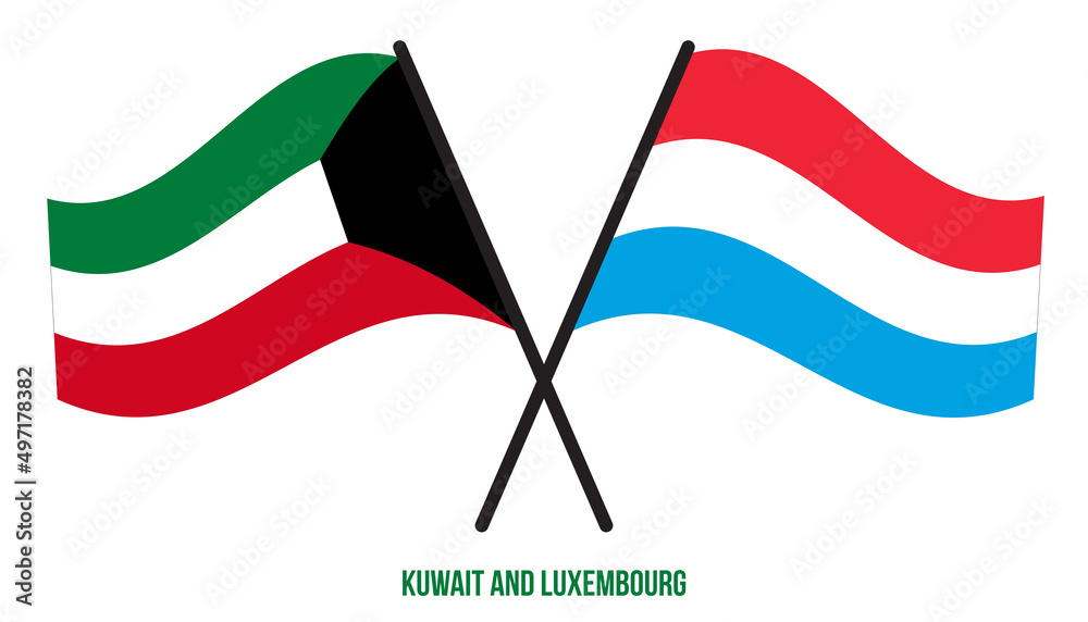 Kuwait and Luxembourg Flags Crossed And Waving Flat Style. Official Proportion. Correct Colors.