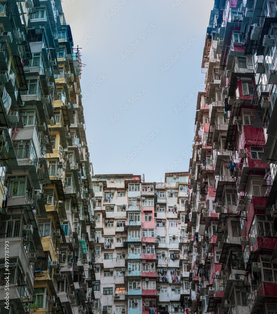Hong Kong - 10 may 2019: Yik Cheong Building. Known as The Monster Mansion. famous for incredibly dense and stacked residential complexes
