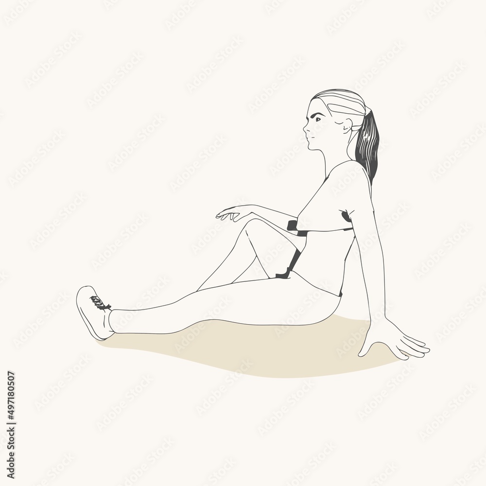 Sitting woman. Sport girl illustration. Casual sportwear - t-shirt, breeches and sneakers. Young woman wearing workout clothes. Sport fashion girl outline in urban casual style.