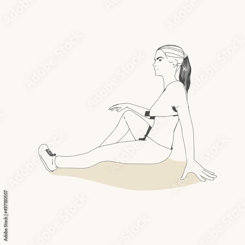 Sitting woman. Sport girl illustration. Casual sportwear - t-shirt, breeches and sneakers. Young woman wearing workout clothes. Sport fashion girl outline in urban casual style.