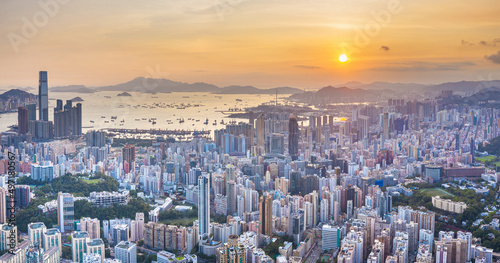 Photography Sunset of Victoria Harbor, cityscape of Hong Kong