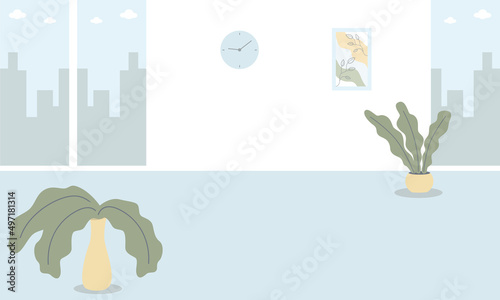 Empty Room home interior with stained glass windows, wall clock, painting, potted plant and leaves in a vase. Flat vector