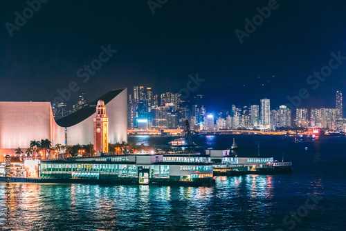 Night scene of Star Ferry pier, Kowloon Cost, Victoria Harbour, Hong Kong