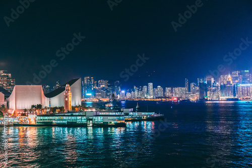 Night scene of Star Ferry pier, Kowloon Cost, Victoria Harbour, Hong Kong