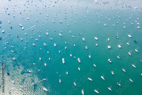 Photography leisure view, many yacht parking near the shore of Sai Kung, countryside of Hong