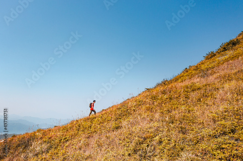 Man go up, hiking in mountain, Autumn, Sai Kung