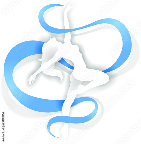 Young woman is dancing. Ballerina in dance. Artistic gymnast performs at the competition. Dance with a blue ribbon.Character origami silhouette.Craft paper cut art illustration.