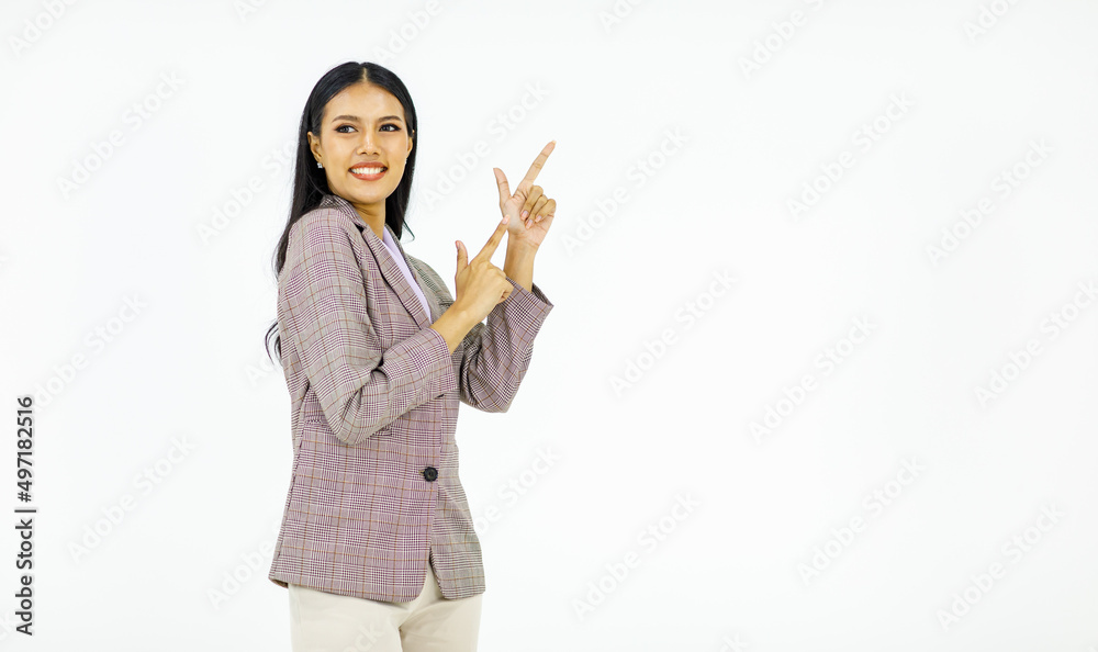 Studio isolated cutout shot Asian young happy female businesswoman in stylish formal business suit standing smiling holding hands showing pointing presenting advertising product on white background Studio isolated cutout shot Asian young happy female businesswoman in stylish formal business suit standing smiling holding hands showing pointing presenting advertising product on white background