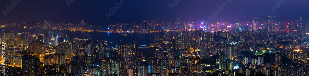panorama view of Night of Kowloon, residential and downtown area, Hong Kong