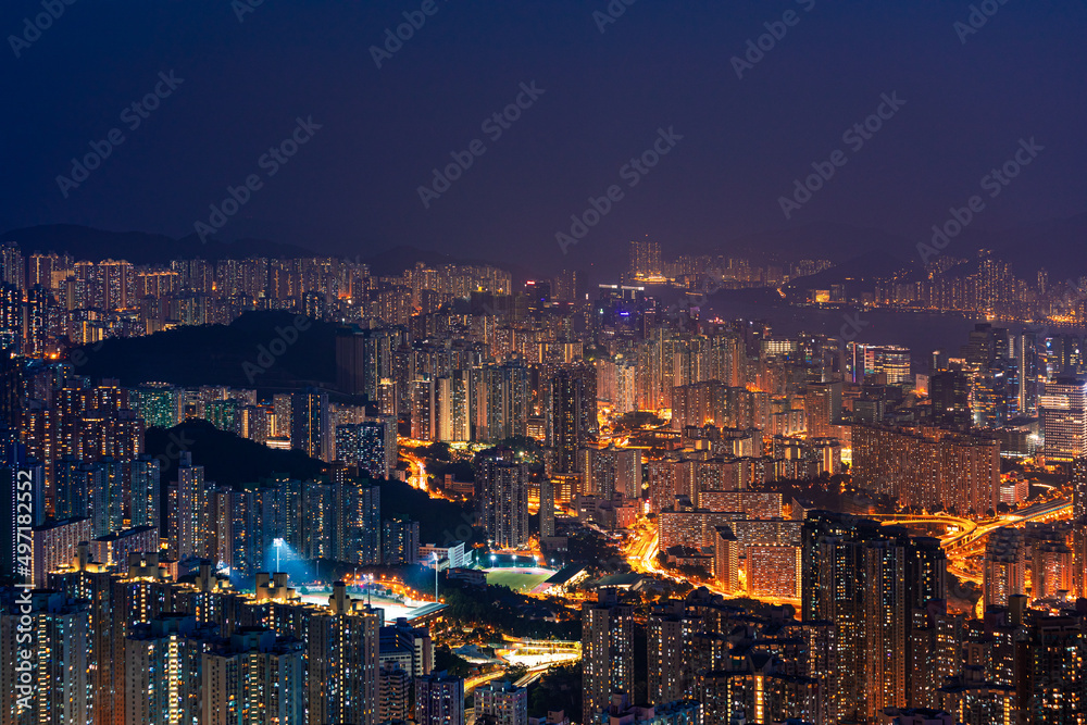 Fototapeta premium Epic Night of Kowloon, residential and downtown area, Hong Kong