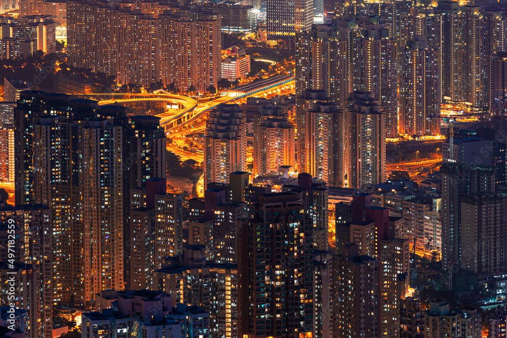 Epic Night of Kowloon, residential and downtown area, Hong Kong
