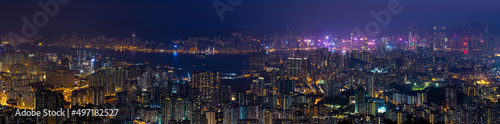 Canvas Print panorama view of Night of Kowloon, residential and downtown area, Hong Kong