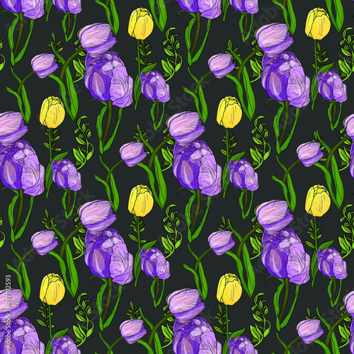 Seamless vector illustration of tulips. Floral pattern for printing on fabric, posts, clothes, utensils, postcards for women's day, congratulations, florists, agriculture