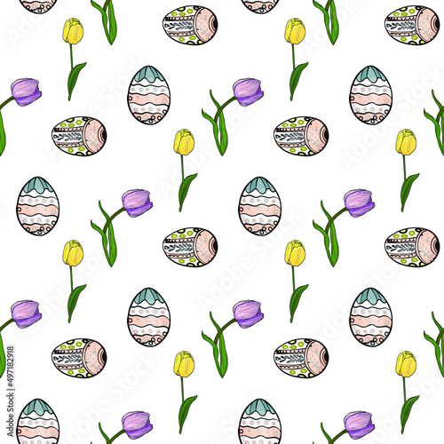 Easter vector pattern. Easter eggs with an ornament, tulips as a logo, blank for designers, print, element