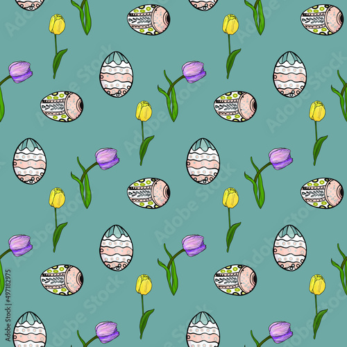 Easter vector pattern. Easter eggs with an ornament, tulips as a logo, blank for designers, print, element