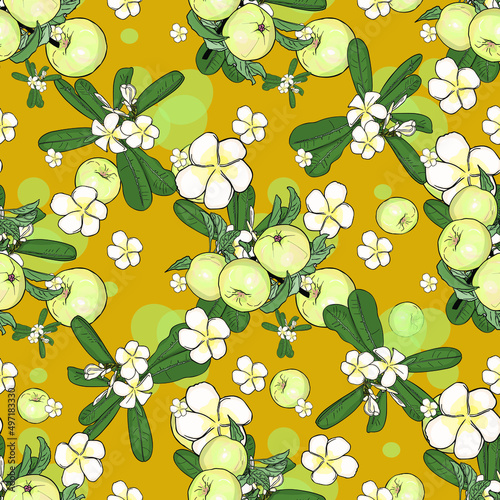 Tropical flowers and fruits pattern. Seamless floral fashion illustration as a logo, blank for designers, print, element